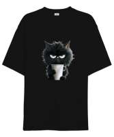 Huysuz Kedi Siyah Siyah Oversize Unisex Tişört - Tisho