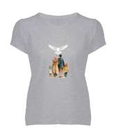 huzurlu aile tablosu Gri Kadın V Yaka Tişört - Tisho