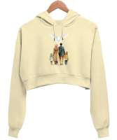 huzurlu aile tablosu Krem Kadın Crop Hoodie Kapüşonlu Sweatshirt - Tisho