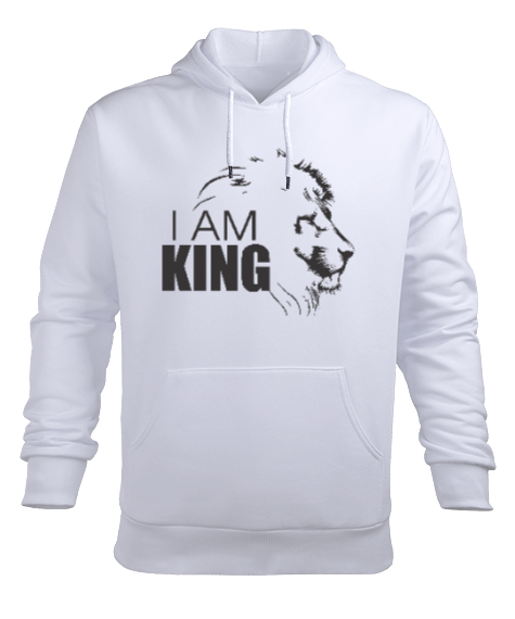 Tisho - I Am King - Ben Kralım - Aslan Kafası Beyaz Erkek Kapüşonlu Hoodie Sweatshirt