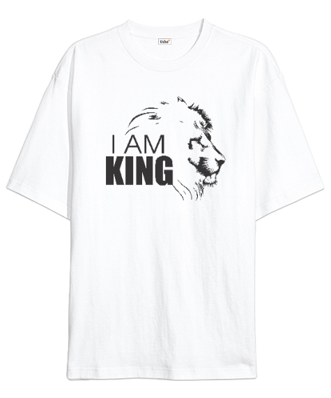 Tisho - I Am King - Ben Kralım - Aslan Kafası Beyaz Oversize Unisex Tişört
