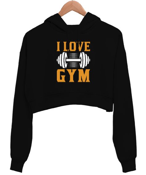 Tisho - I Love Gym Fitness Tasarım Baskılı Siyah Kadın Crop Hoodie Kapüşonlu Sweatshirt