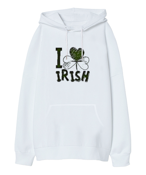 Tisho - I Love Irish - Yonca Beyaz Oversize Unisex Kapüşonlu Sweatshirt