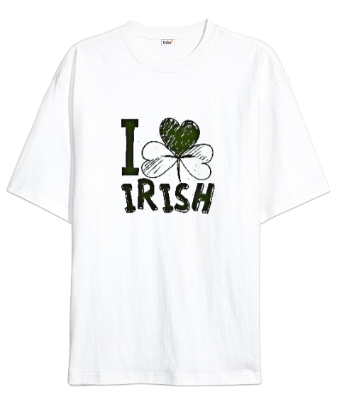 Tisho - I Love Irish - Yonca Beyaz Oversize Unisex Tişört