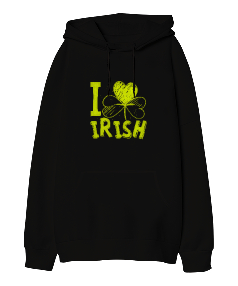 Tisho - I Love Irish - Yonca Siyah Oversize Unisex Kapüşonlu Sweatshirt