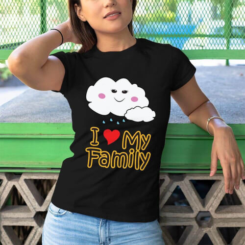 Tisho - I Love My Family Kadın Kısa Kol Tişört - Tekli Kombin