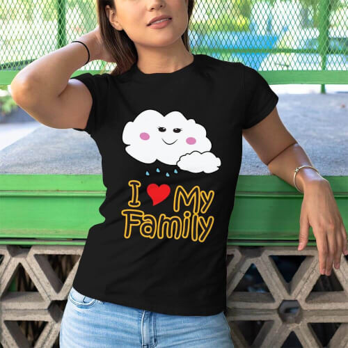 I Love My Family Kadın Kısa Kol Tişört - Tekli Kombin