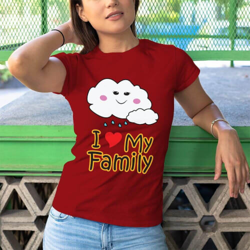 I Love My Family Kadın Kısa Kol Tişört - Tekli Kombin - Thumbnail