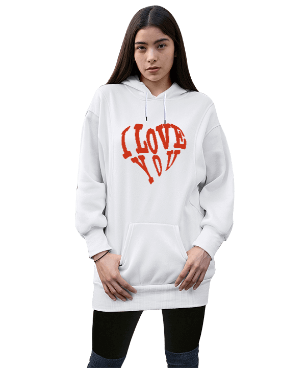 Tisho - I Love You Balonlar Tasarımlı Kadın Uzun Hoodie Kapüşonlu Sweatshirt
