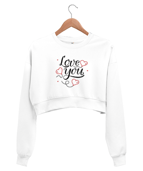 Tisho - I LOVE YOU Beyaz Kadın Crop Sweatshirt
