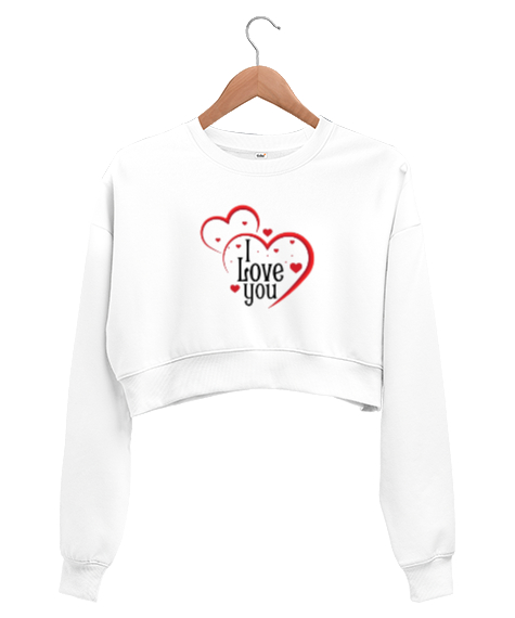 Tisho - I LOVE YOU Beyaz Kadın Crop Sweatshirt