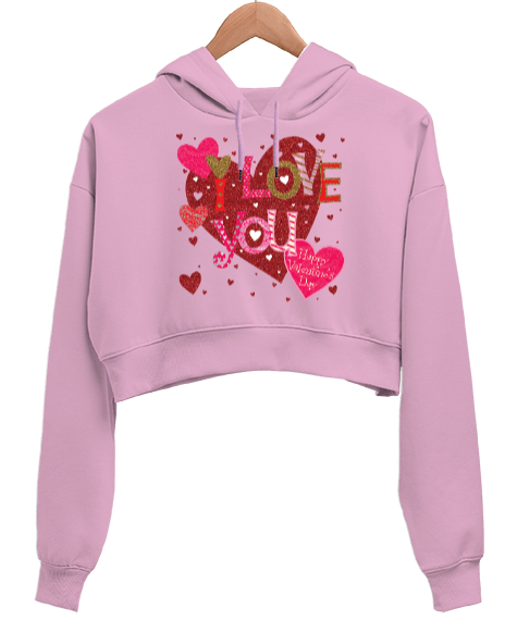 Tisho - I Love You Happy Valentines Day Yazılı Baskılı Pembe Kadın Crop Hoodie Kapüşonlu Sweatshirt