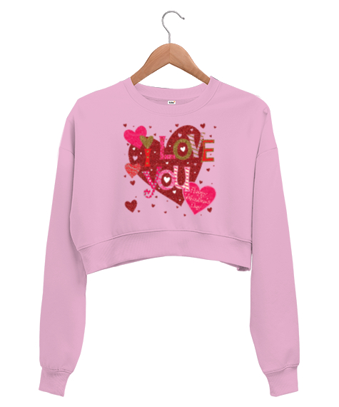 Tisho - I Love You Happy Valentines Day Yazılı Baskılı Pembe Kadın Crop Sweatshirt