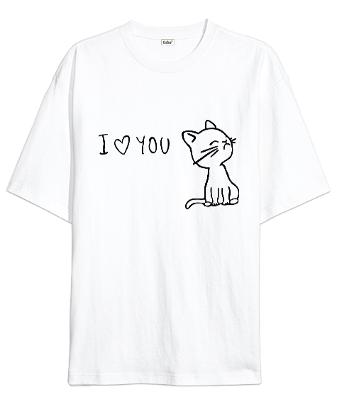 Tisho - ı love you kedi Oversize Unisex Tişört