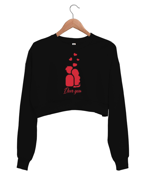 Tisho - I Love You Yazılı Baskılı Siyah Kadın Crop Sweatshirt