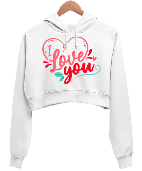 Tisho - I Love You Yazılı Kalp Baskılı Beyaz Kadın Crop Hoodie Kapüşonlu Sweatshirt