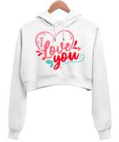 I Love You Yazılı Kalp Baskılı Beyaz Kadın Crop Hoodie Kapüşonlu Sweatshirt - Tisho