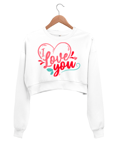 Tisho - I Love You Yazılı Kalp Baskılı Beyaz Kadın Crop Sweatshirt