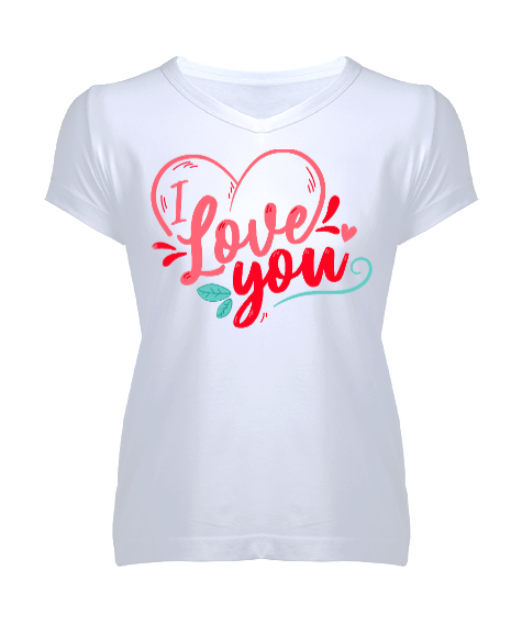 Tisho - I Love You Yazılı Kalp Baskılı Beyaz Kadın V Yaka Tişört
