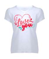 I Love You Yazılı Kalp Baskılı Beyaz Kadın V Yaka Tişört - Tisho