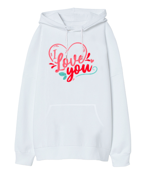 Tisho - I Love You Yazılı Kalp Baskılı Beyaz Oversize Unisex Kapüşonlu Sweatshirt