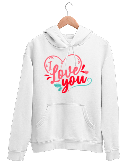 Tisho - I Love You Yazılı Kalp Baskılı Beyaz Unisex Kapşonlu Sweatshirt