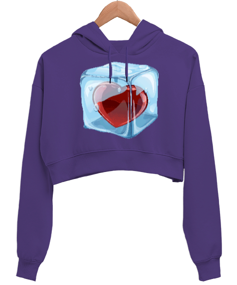 Tisho - Ice Heart Mor Kadın Crop Hoodie Kapüşonlu Sweatshirt