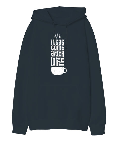 Tisho - Ideas And Coffee Füme Oversize Unisex Kapüşonlu Sweatshirt