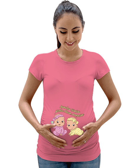 Tisho - İkiz Çocuk Tasarımlı Kısa Kol Pembe Hamile Tişört Kadın Hamile Tişört