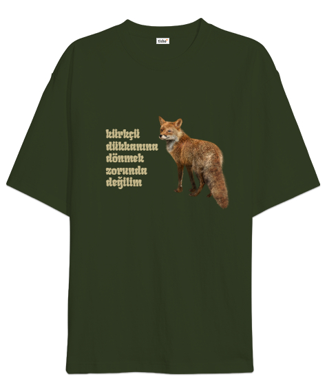 Tisho - İKONİK TİLKİ Haki Yeşili Oversize Unisex Tişört