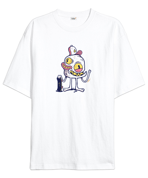 Tisho - İlginç Yabancı Komik Yaratık - İnteresting Alien Beyaz Oversize Unisex Tişört