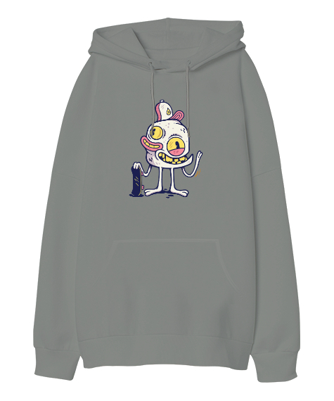 Tisho - İlginç Yabancı Komik Yaratık - İnteresting Alien Gri Oversize Unisex Kapüşonlu Sweatshirt