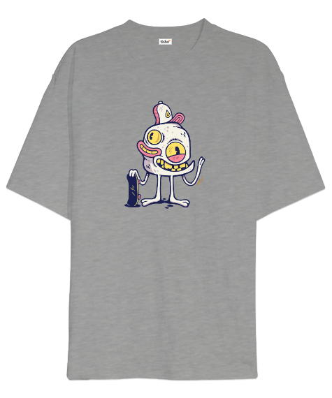 Tisho - İlginç Yabancı Komik Yaratık - İnteresting Alien Gri Oversize Unisex Tişört
