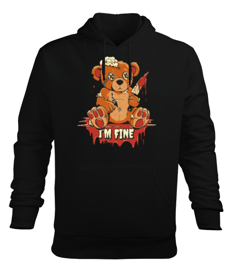 Tisho - Im Fine - Ben İyiyim - Ayıcık Siyah Erkek Kapüşonlu Hoodie Sweatshirt