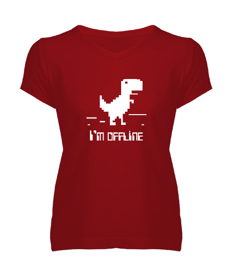 Tisho - Im Offline - Çevrimdışı Kırmızı Kadın V Yaka Tişört