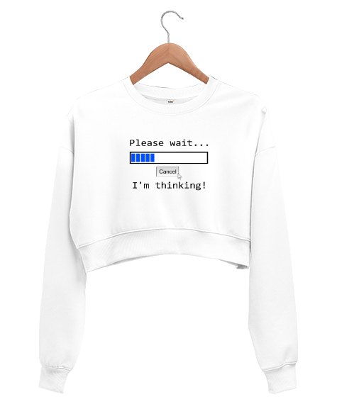 Tisho - Im Thinking - Düşünüyorum Lütfen Bekleyin Beyaz Kadın Crop Sweatshirt
