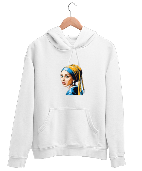 Tisho - İnci Küpeli Kız Beyaz Unisex Kapşonlu Sweatshirt