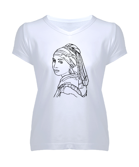İnci Küpeli Kız Çizim Beyaz Kadın V Yaka Tişört