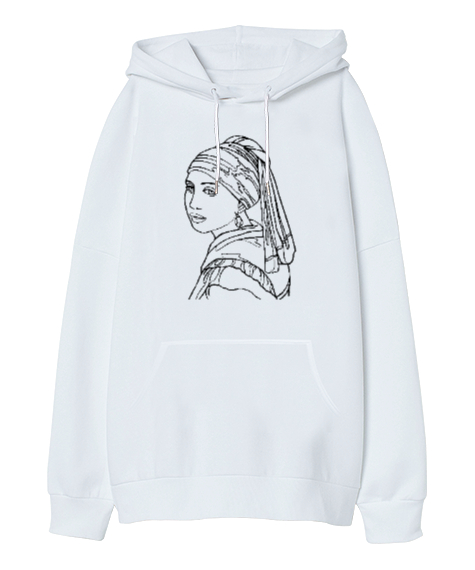 Tisho - İnci Küpeli Kız Çizim Beyaz Oversize Unisex Kapüşonlu Sweatshirt