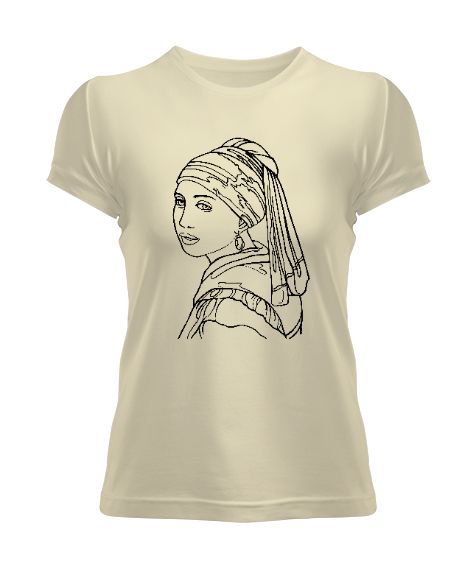Tisho - İnci Küpeli Kız Çizim Krem Kadın Tişört