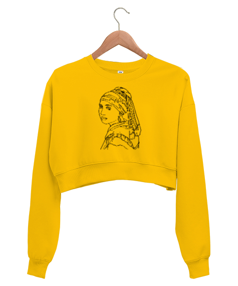 Tisho - İnci Küpeli Kız Çizim Sarı Kadın Crop Sweatshirt