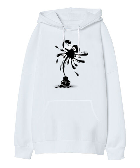 Tisho - Ink Octobus Beyaz Oversize Unisex Kapüşonlu Sweatshirt