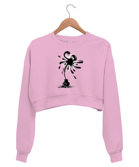 Tisho - Ink Octobus Pembe Kadın Crop Sweatshirt