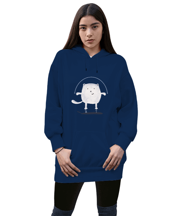 Tisho - İP ATLAYAN KEDİ BASKILI KADIN UZUN KOLLU HOODİE SWEATSHİRT Kadın Uzun Hoodie Kapüşonlu Sweatshirt