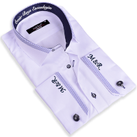 Nakış Harf İşlemeli Erkek Slim Fit Beyaz Mavi Çizgili Gömlek - Tisho