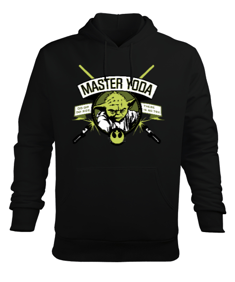 Tisho - Işınkılıcı Master Yoda Tasarımı Baskılı Siyah Erkek Kapüşonlu Hoodie Sweatshirt