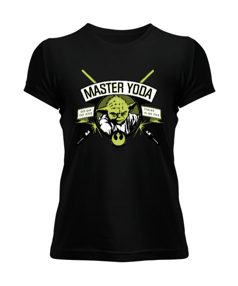 Tisho - Işınkılıcı Master Yoda Tasarımı Baskılı Siyah Kadın Tişört