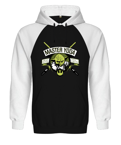 Tisho - Işınkılıcı Master Yoda Tasarımı Baskılı Siyah/Beyaz Orjinal Reglan Hoodie Unisex Sweatshirt