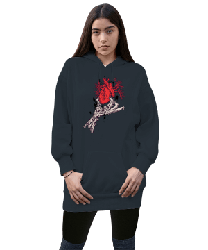 İskelet El ve Kalp Kadın Uzun Hoodie Kapüşonlu Sweatshirt - Tisho