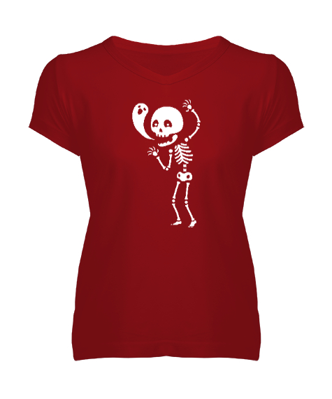 Tisho - İskelet ve Hayalet - Skeleton and Ghost Kırmızı Kadın V Yaka Tişört